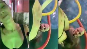 Angel Blue filmando o careca na piscina