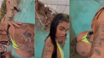 Dj Nathi se filmando na piscina usando um biquíni curtinho