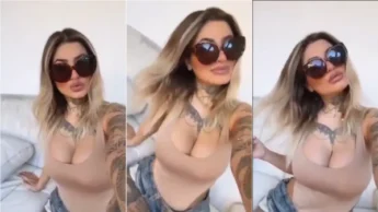 Giovana Lepore provocando com seios quase explodindo para fora da blusa