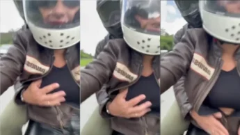Rosa Grion sendo molestada pelo passageiro da moto que fica brincando com os seios dela